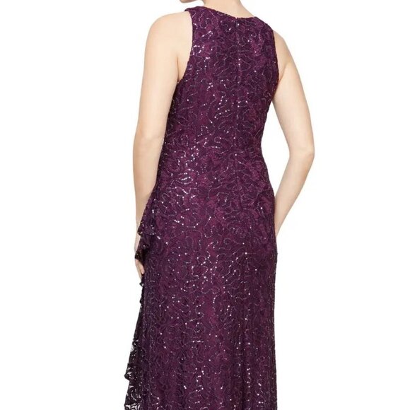 Alex Evenings Plum Sparkle Ruffle Sequin Lace Gown - Picture 3 of 4